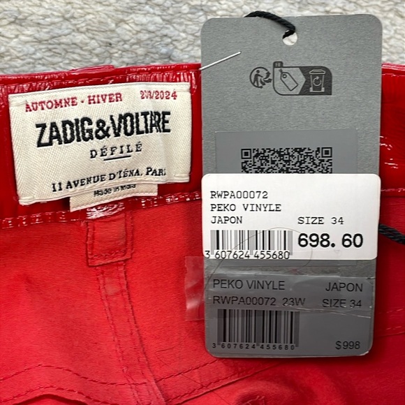 NWT Zadig & Voltaire Peko Skinny Vinyl Trouser Pants Shiny Red Leather Sz 34 - Picture 6 of 16